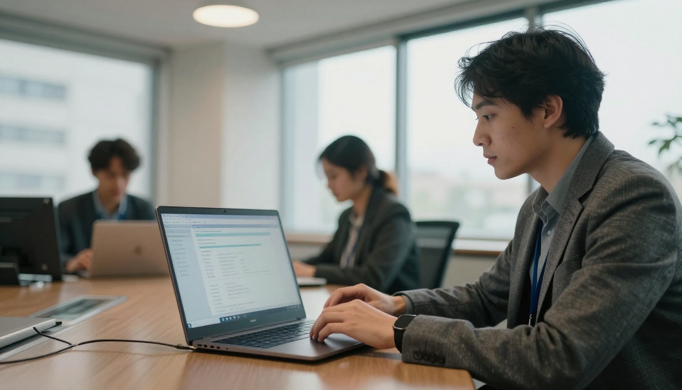 IT administrator reviewing a permissions screen on a laptop in a glass-walled meeting room