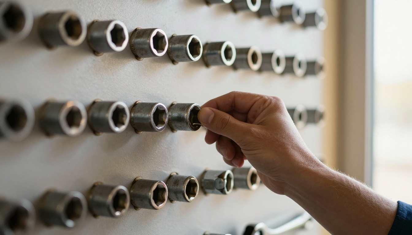 Mechanic reaching for a wrench on an organized pegboard tool wall