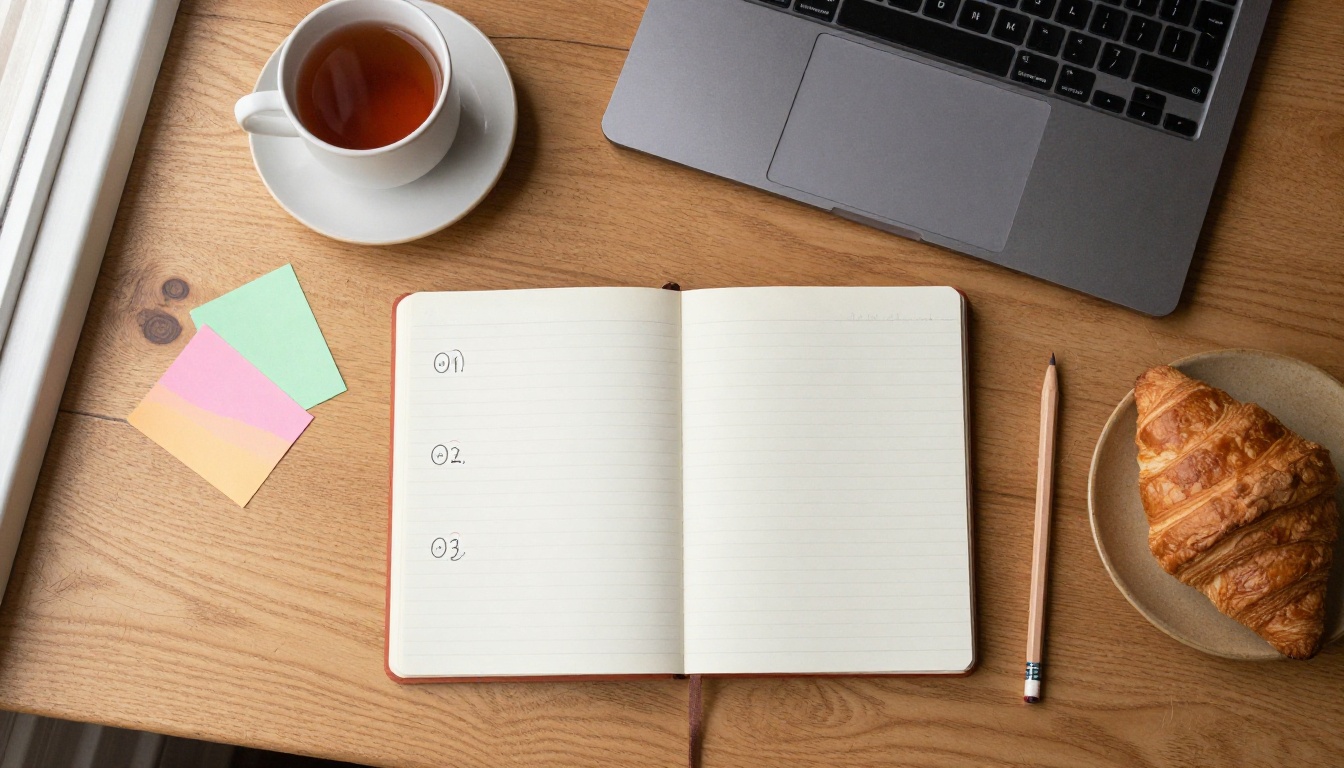 An open notebook with three hand-drawn columns beside a laptop and a cup of tea