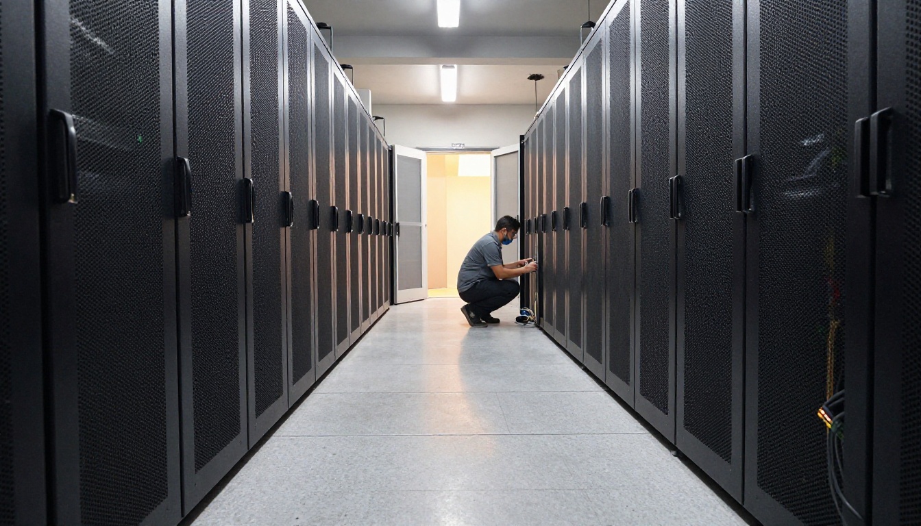 Symmetrical view down a quiet data center aisle between two rows of server racks