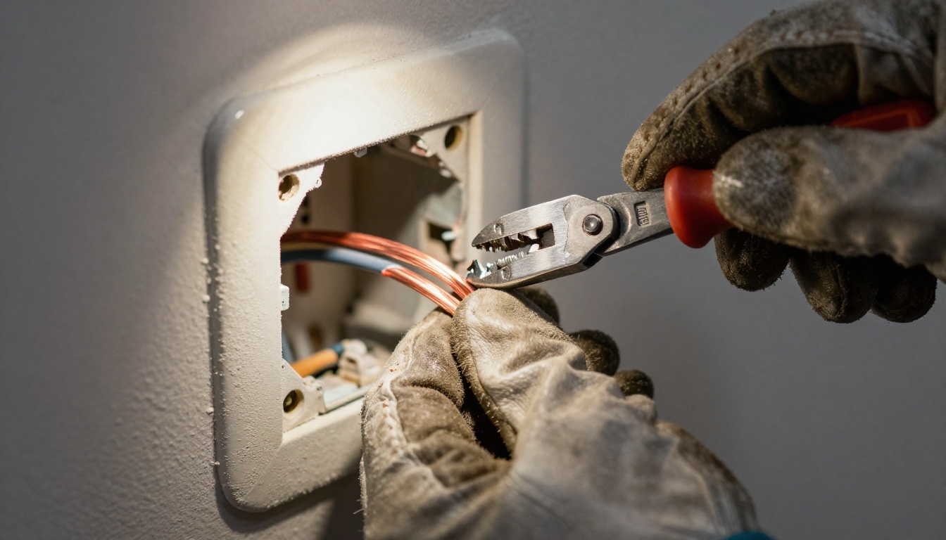 Macro close-up of an electrician's gloved hands fastening copper wires into a wall outlet