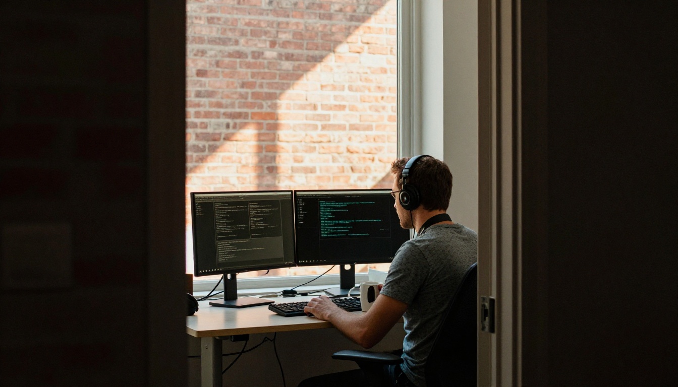 Developer standing at a height-adjustable desk with two monitors seen through an open doorway
