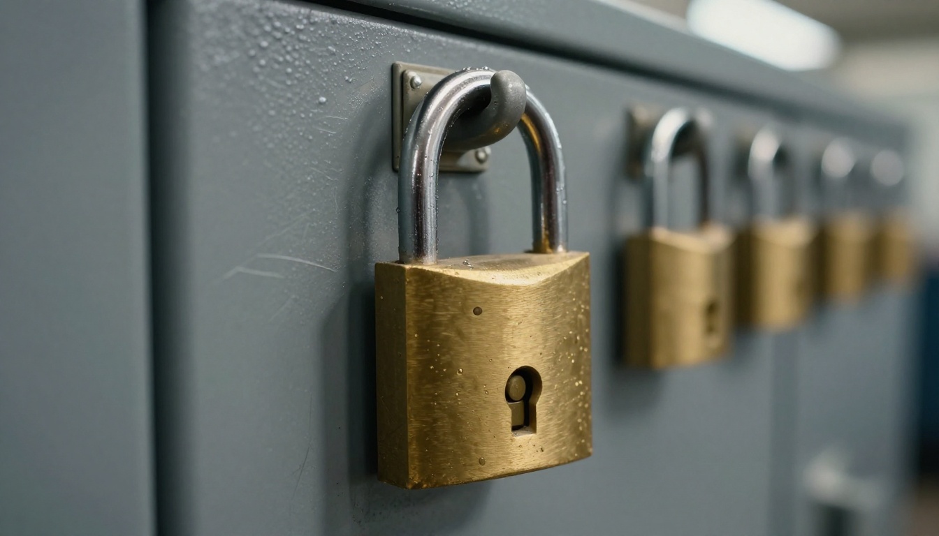 Extreme close-up of a brass padlock securing the latch of a gray steel network cabinet