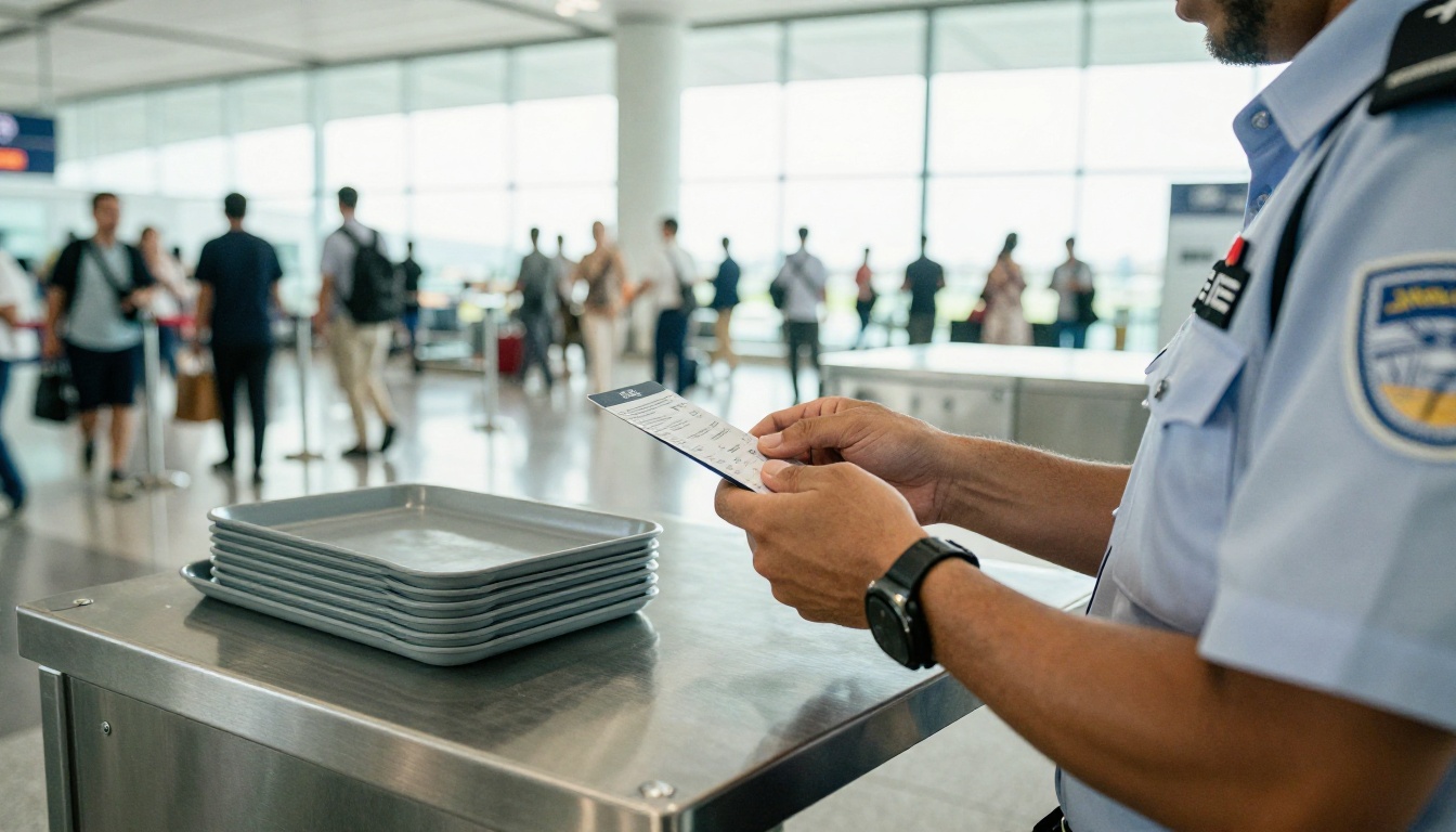 Security officer checking a boarding pass at an airport screening lane