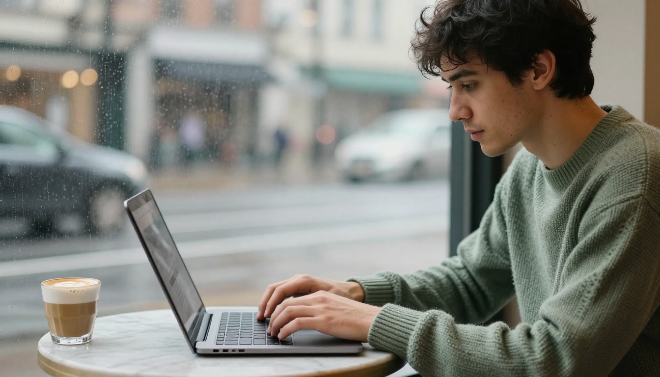 Young man typing on a laptop at a small marble cafe table beside a flat white