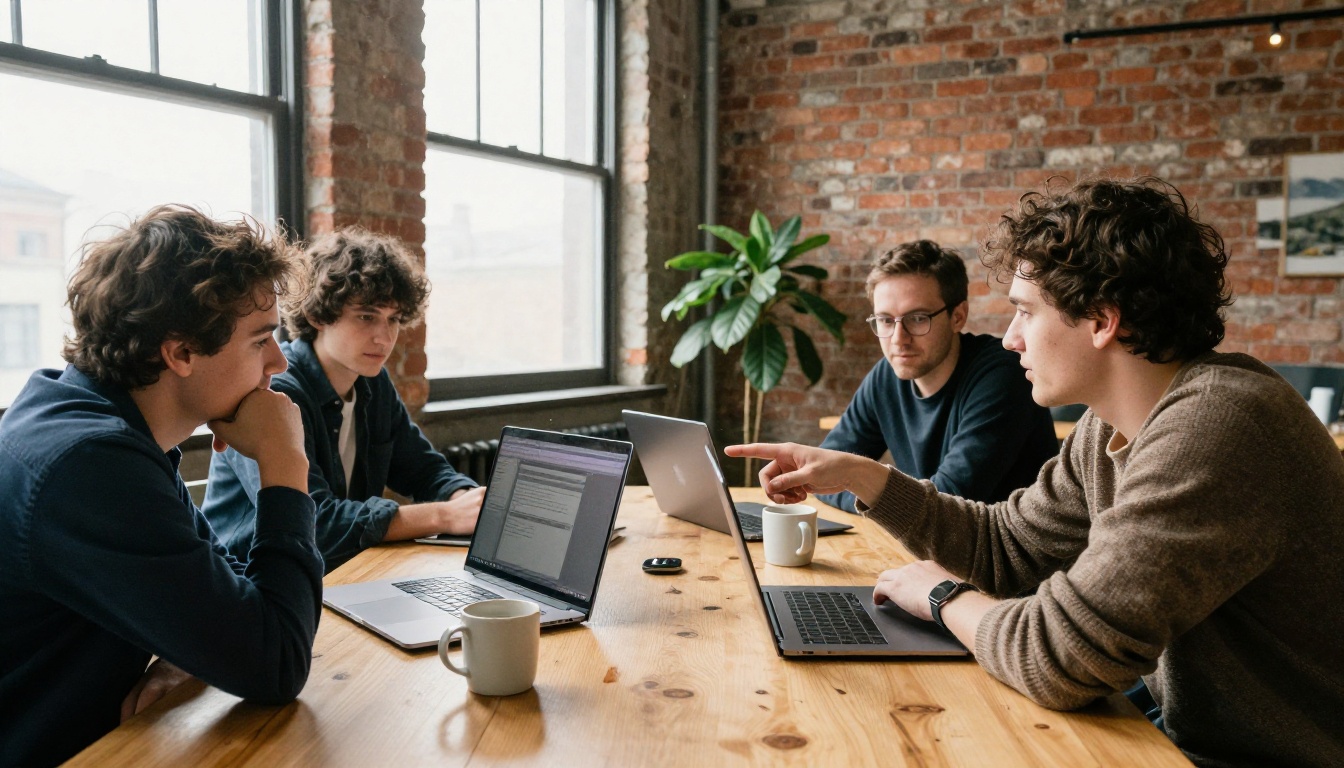 Four developers around a wooden table reviewing code on a laptop