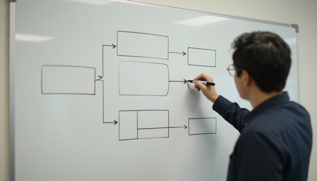 Engineer drawing boxes and arrows with a marker on a whiteboard