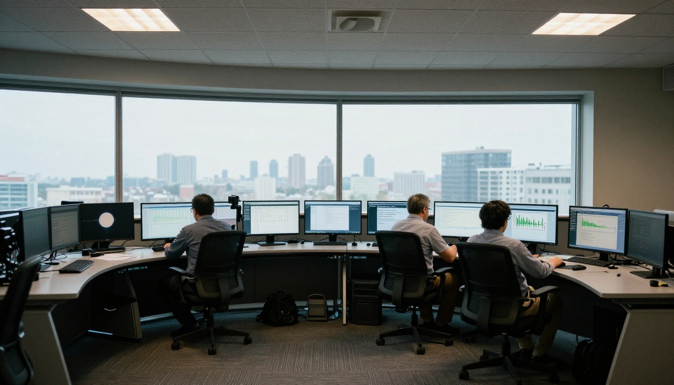 Two analysts at a curved desk in a security operations room