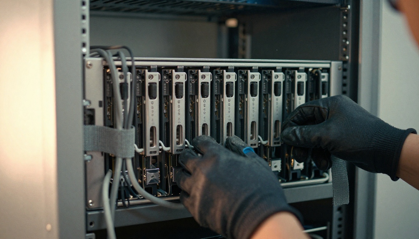 Technician sliding a server into a rack in a bright equipment room