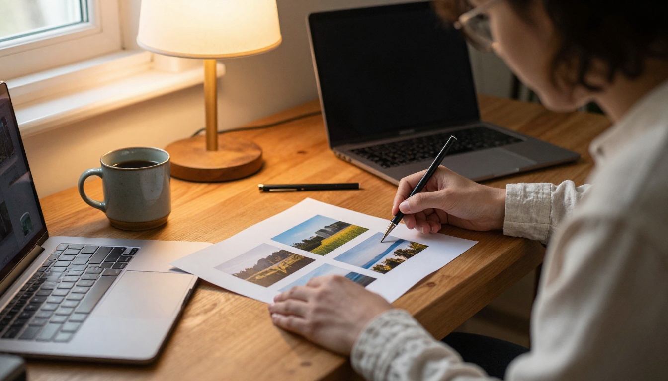 Photographer reviewing printed photos beside a laptop in a home studio