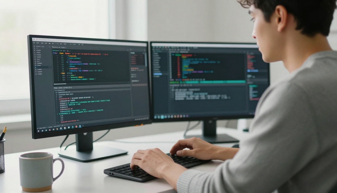 Software engineer typing commands into a terminal on a dual monitor setup in a bright office