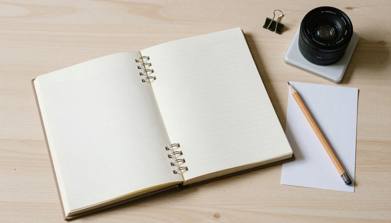 Top-down view of a thick printed binder beside a single index card on an oak desk