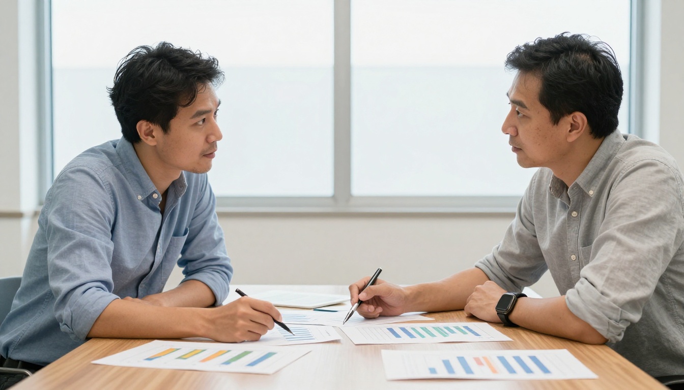 Two colleagues reviewing printed bar charts on a walnut table in a glass meeting room