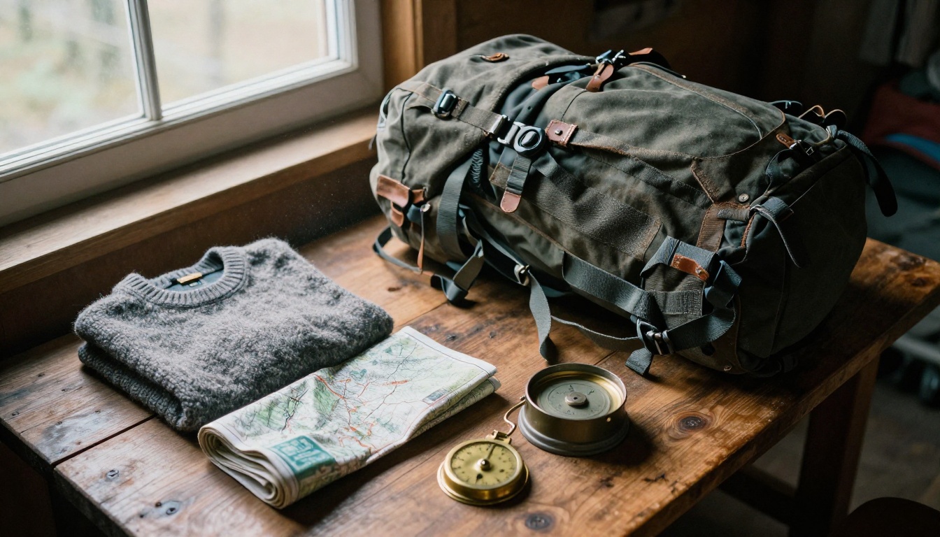 A hiker packing a canvas backpack beside a luggage scale in a wooden cabin
