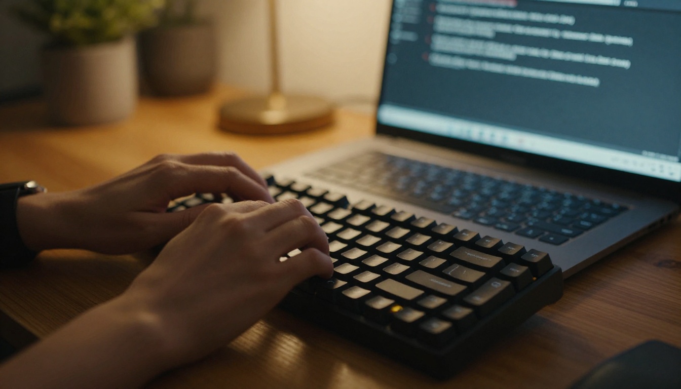 Low-angle close-up of a developer's hands typing on a laptop in a warm-lit workspace
