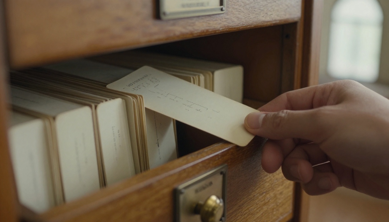 A hand pulling one index card halfway out of an oak library card catalog drawer