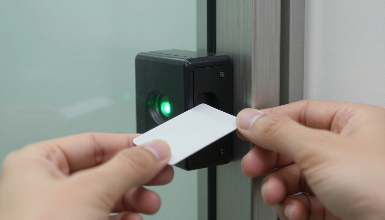 Close-up of a hand holding an access card toward a badge reader on a glass office door