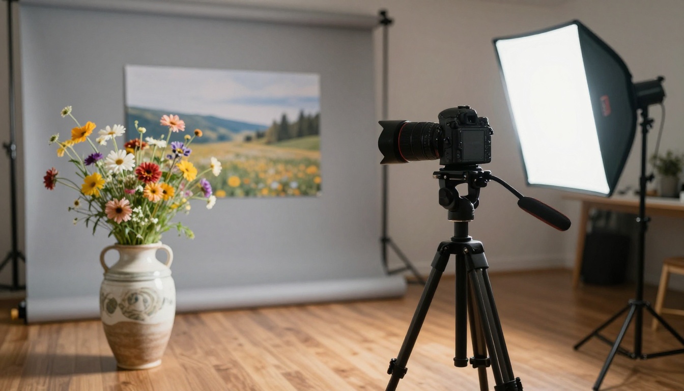 Wide photographer's studio with a tethered camera on a tripod and a monitor showing a landscape photo