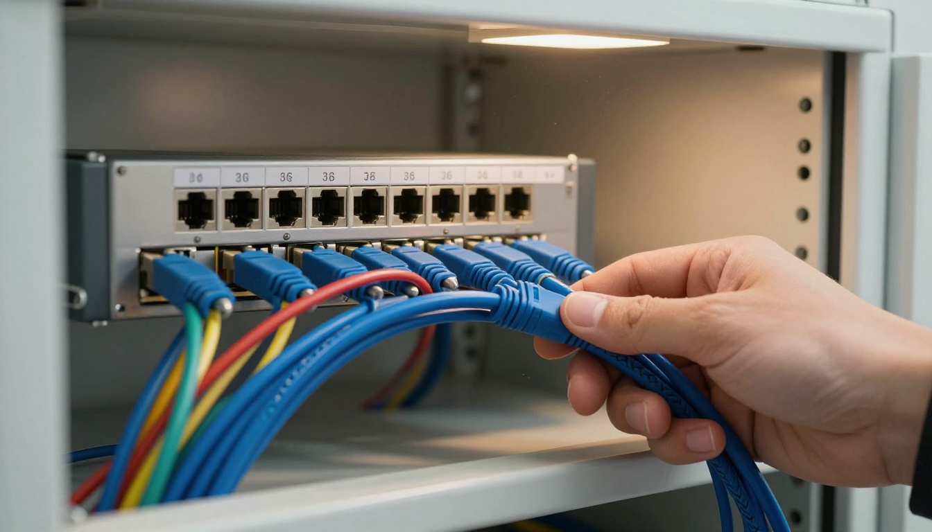 A hand plugging a braided cable into a numbered patch panel in a small network closet