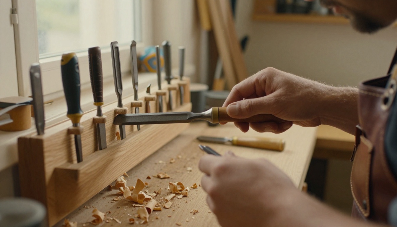 Woodworker's hand lifting a single chisel from a wall-mounted rack of hand tools
