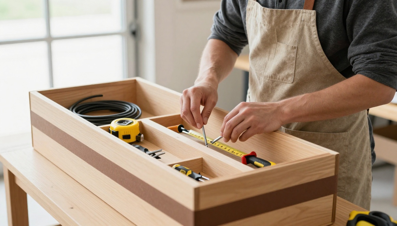 A craftsperson filling labeled compartments of a wooden toolbox beside a closed shipping box