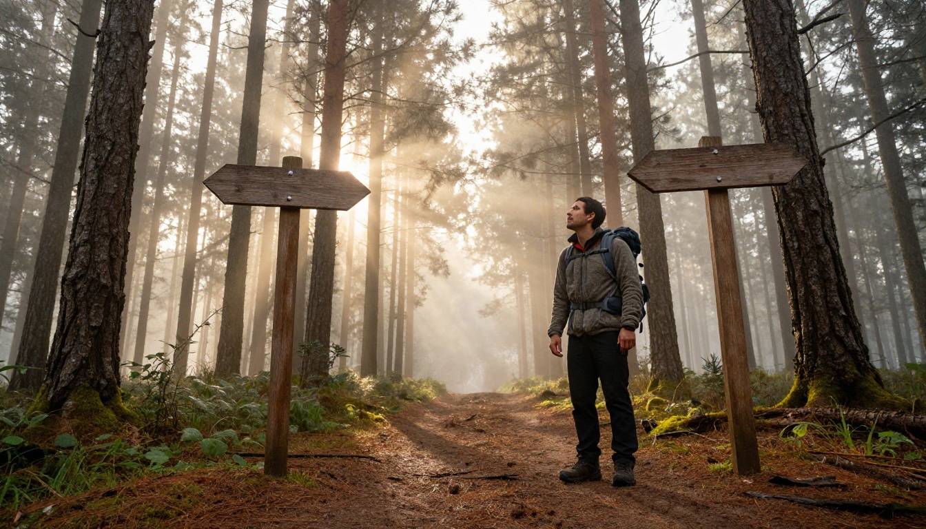 Hiker at a fork in a forest trail with two wooden signposts in morning mist