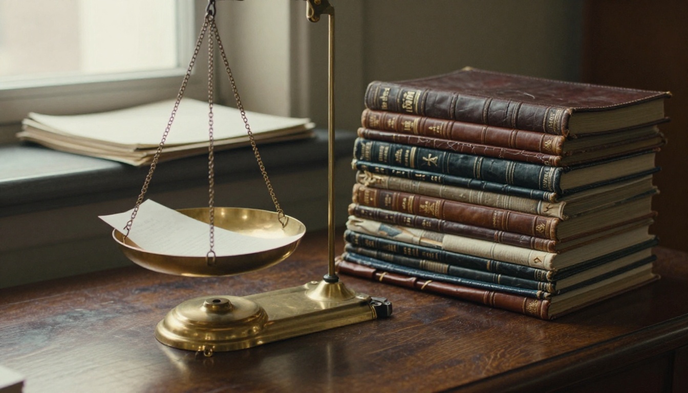 A brass balance scale with a thin slip of paper outweighed by a stack of leather ledgers