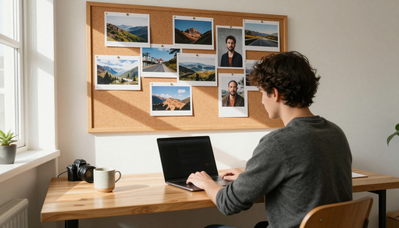 Creative professional at a bright studio desk with a corkboard of printed photographs