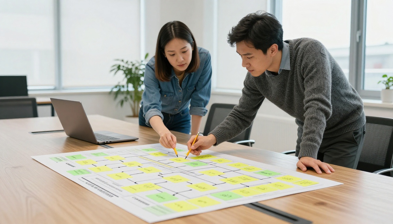 Two colleagues reviewing a printed decision flowchart with sticky notes on a meeting table