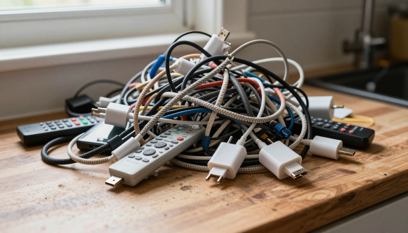 A kitchen drawer overflowing with tangled cables and chargers