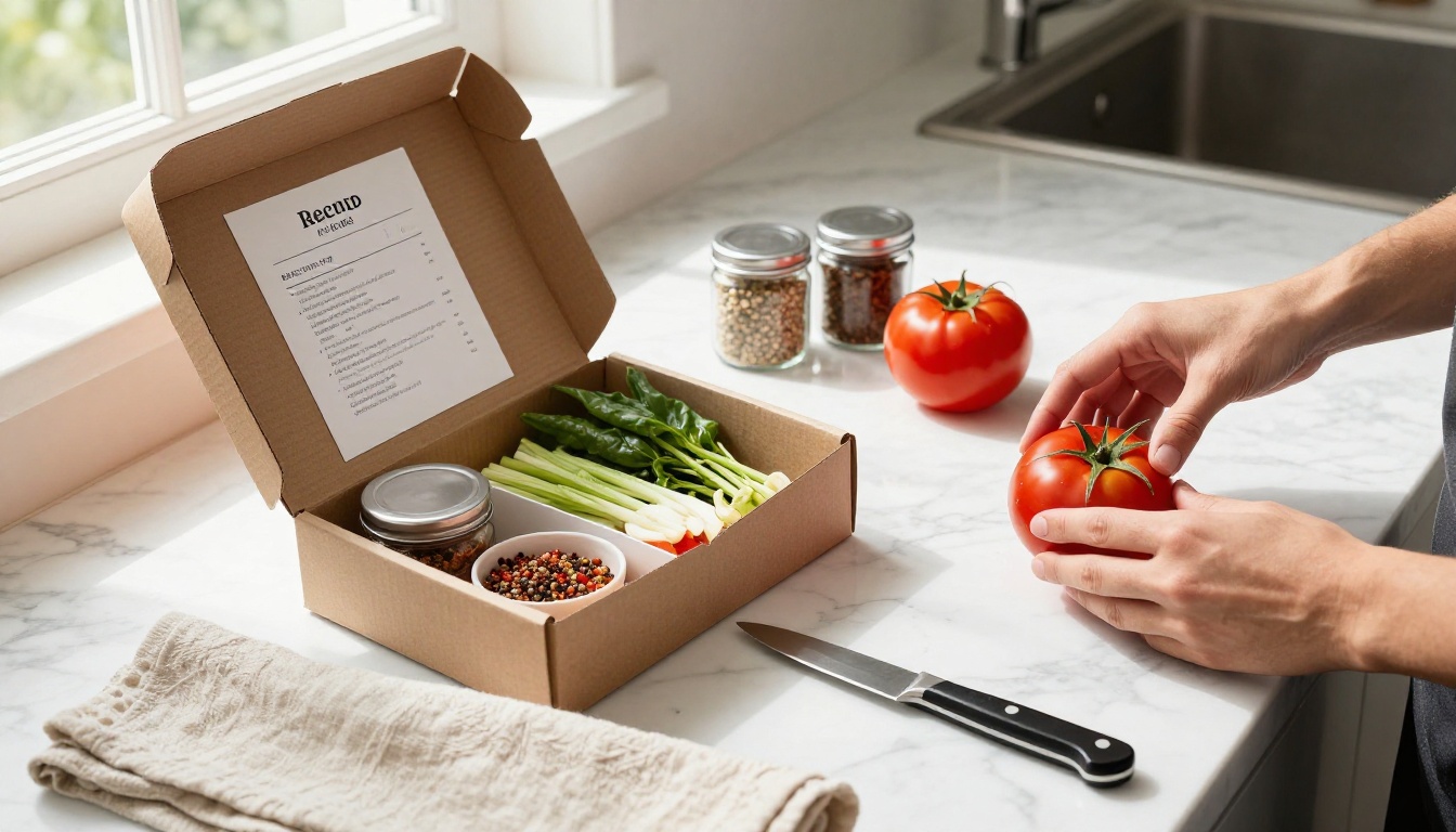 An overhead view of an open meal kit box with a recipe card, vegetables and spice jars