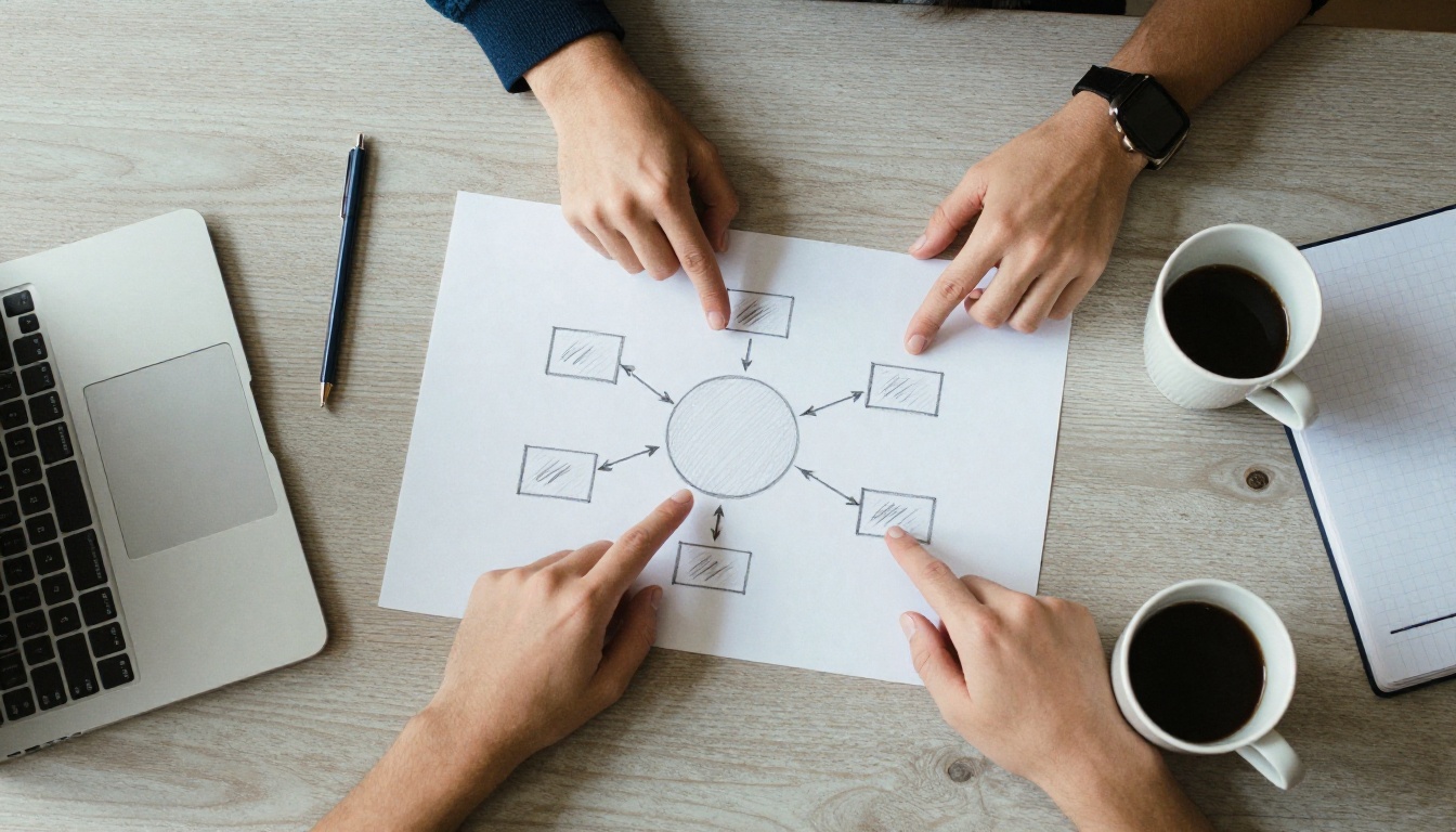 Three colleagues pointing at a pencil sketch of one central hub connected to several boxes