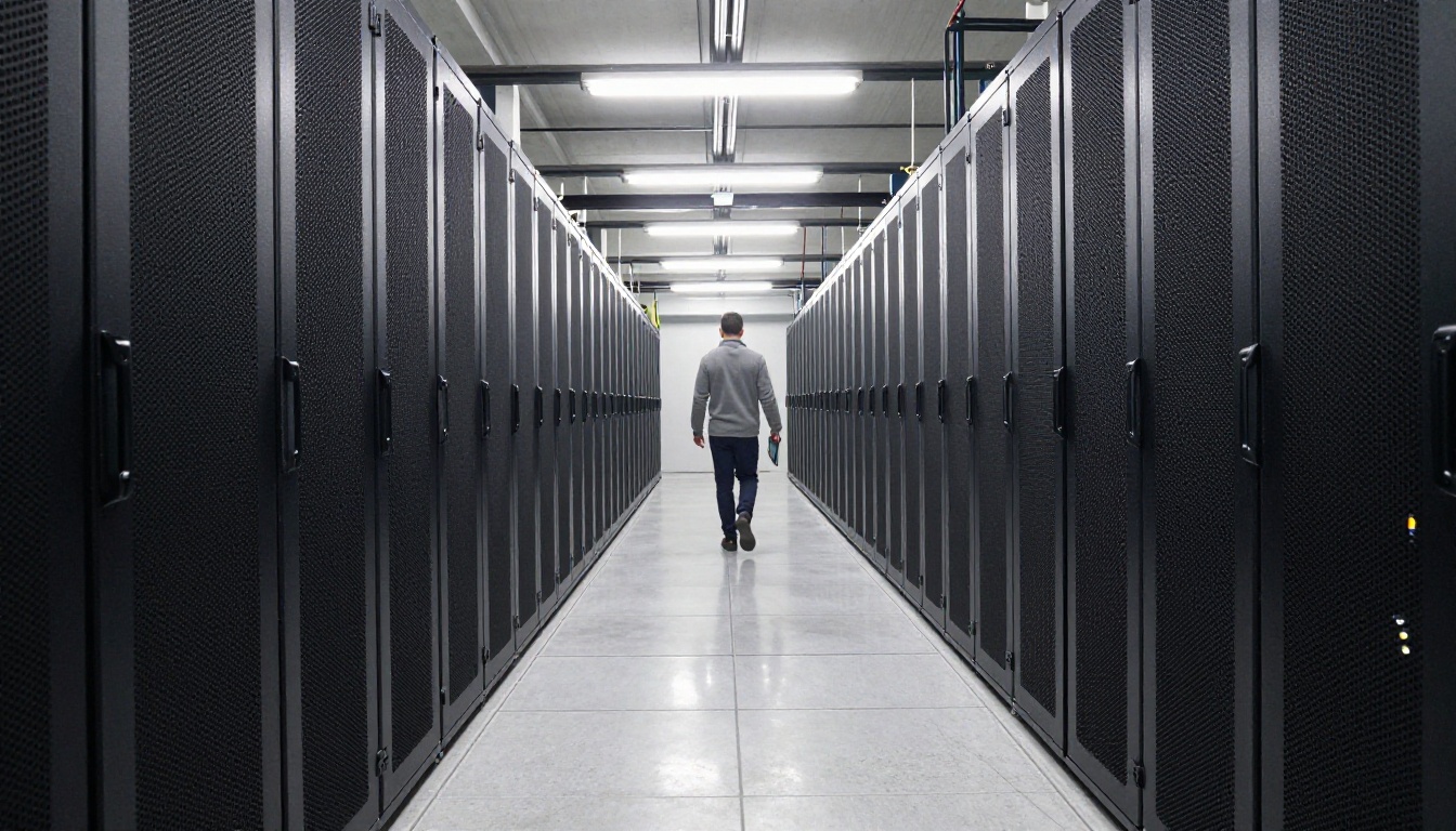 Low-angle view of an endless aisle of server racks in a quiet data center
