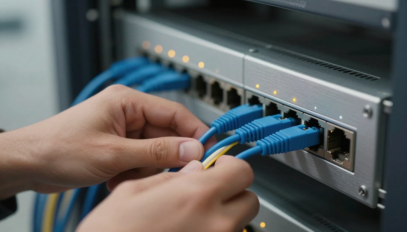 Close-up of hands plugging a fiber patch cable into a network switch