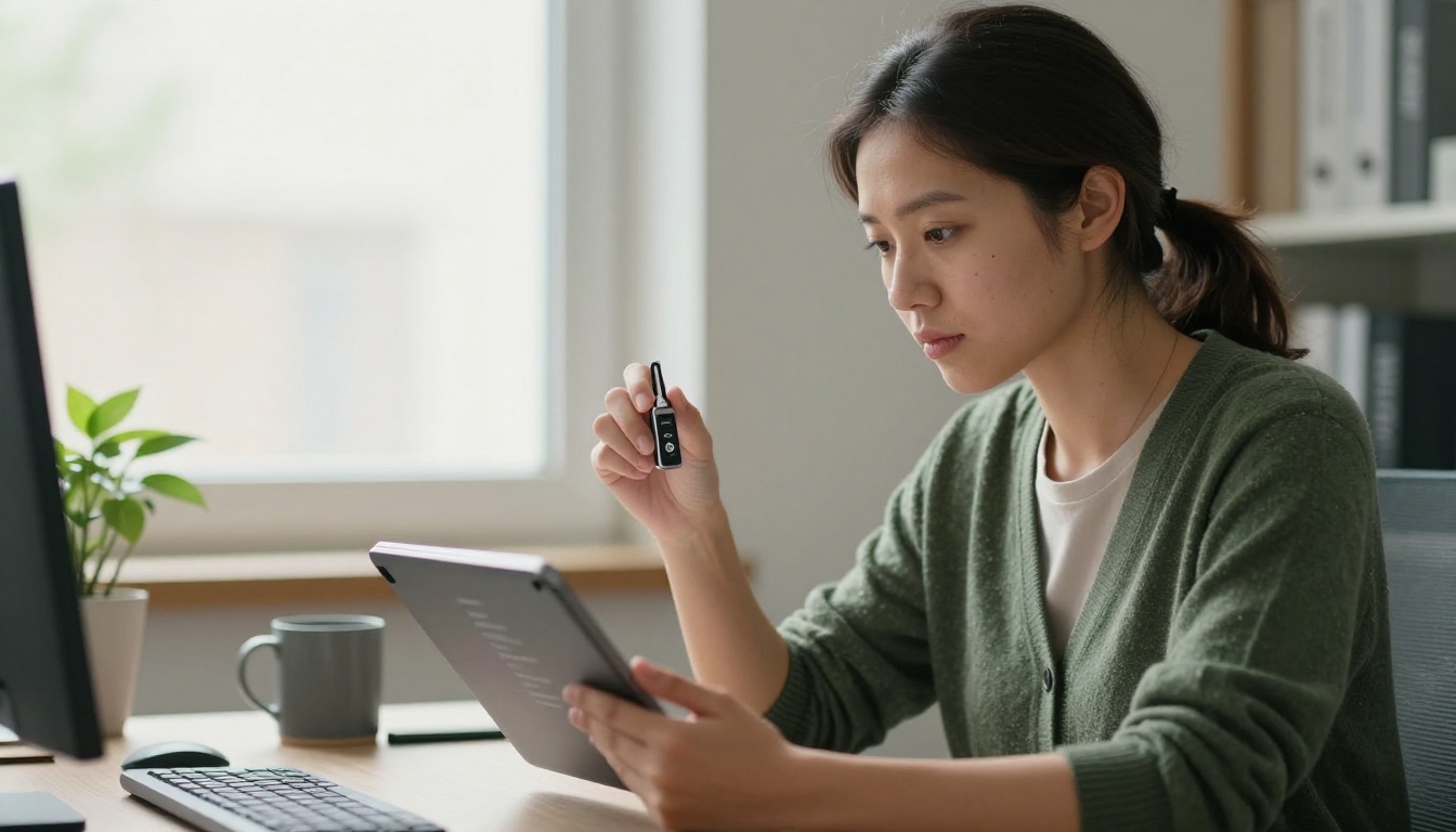 Security engineer reviewing access permissions on a tablet while holding a hardware token