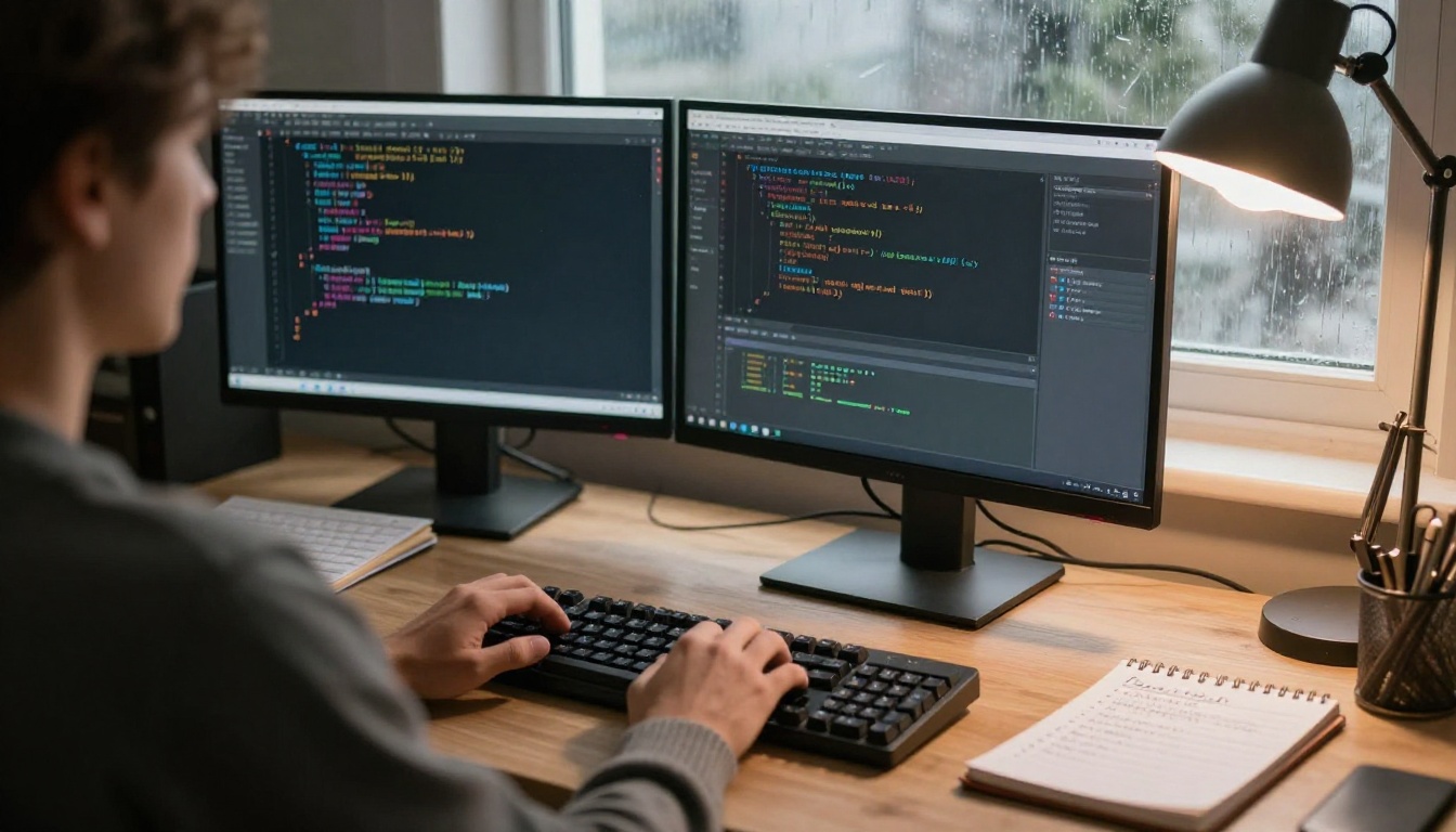 Developer typing at a desk in a quiet home office on a rainy evening