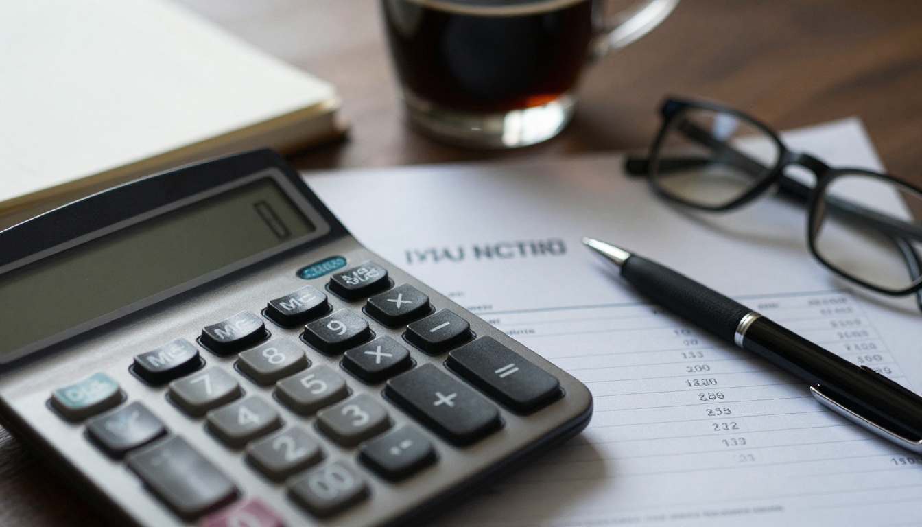 Desk with a calculator, a printed invoice, reading glasses and a cup of black coffee