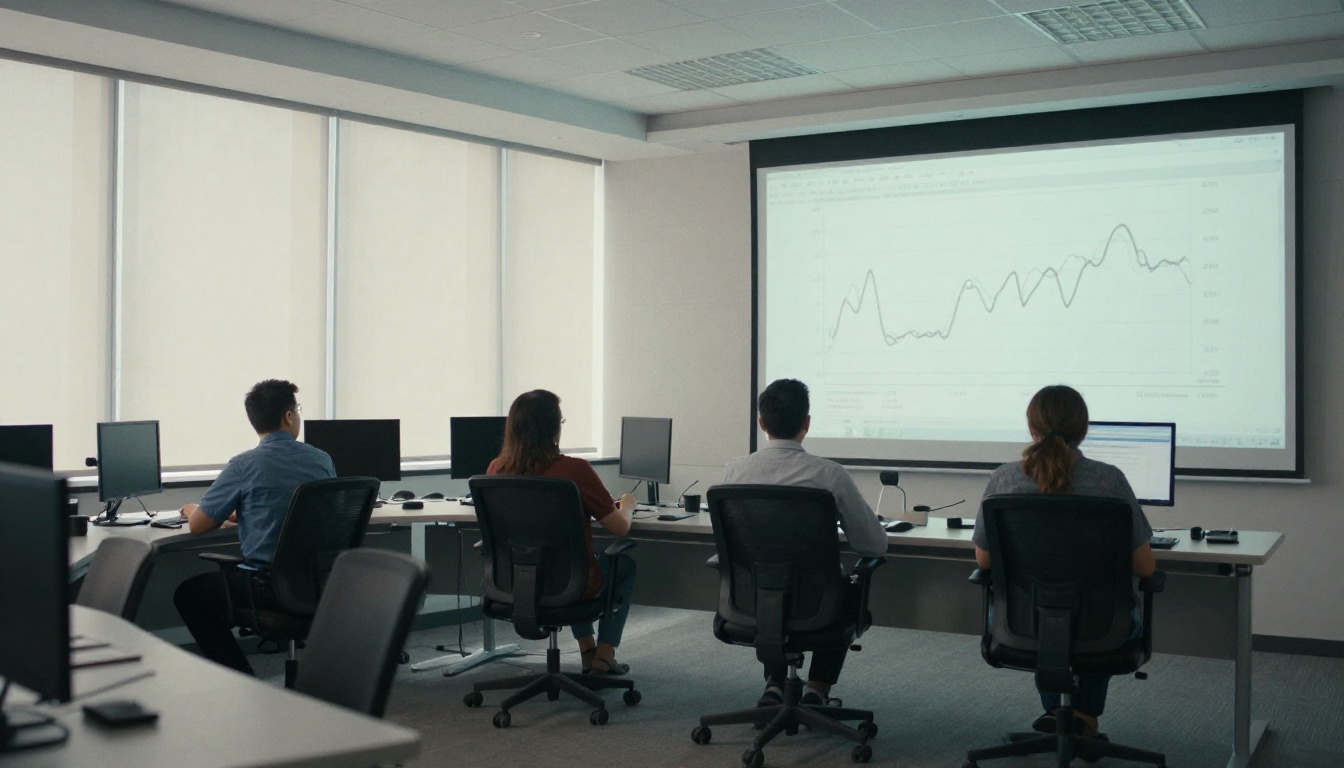 Three engineers at a curved desk facing a wall display of soft line graphs