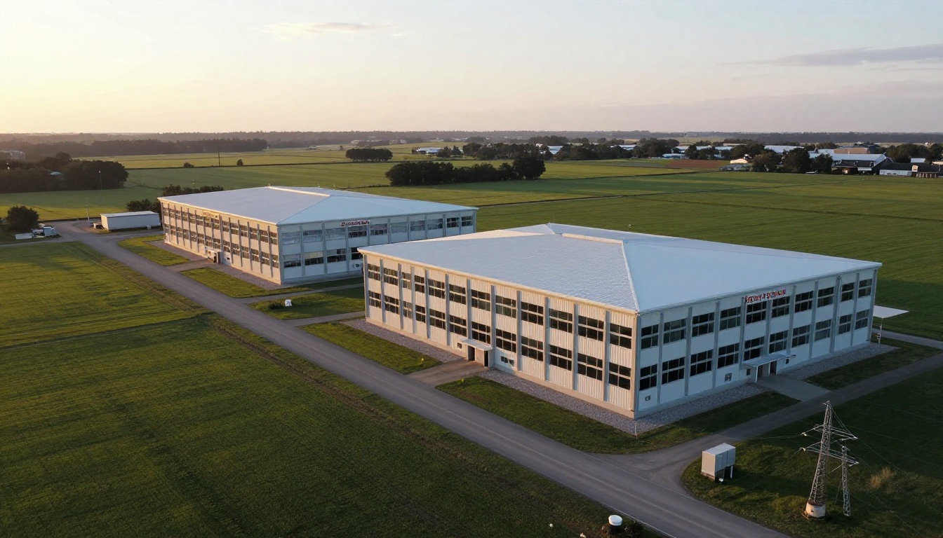 Aerial view of two large data center buildings on farmland at golden hour
