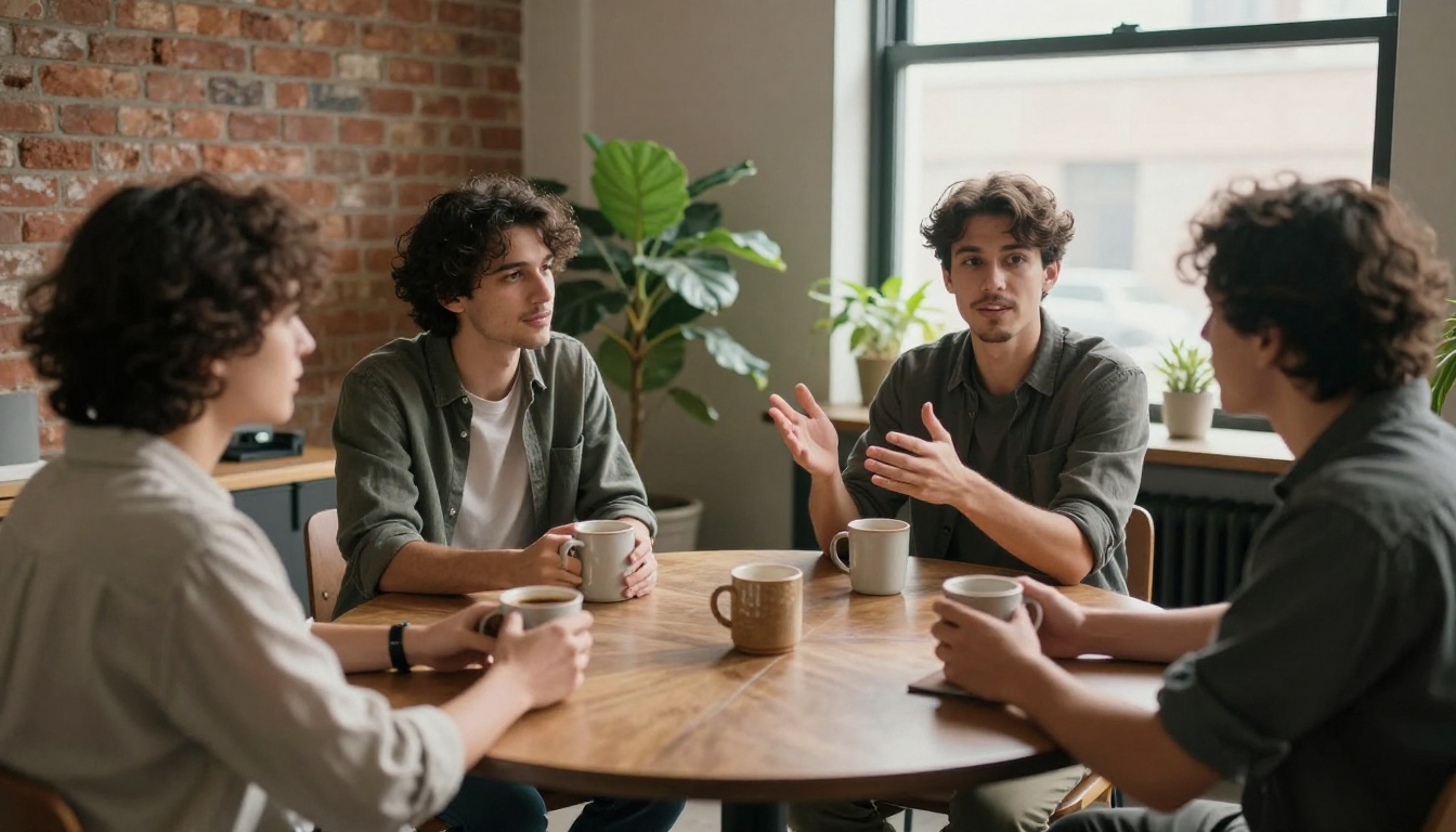 Four colleagues around a round table in a sunlit loft discussing a decision