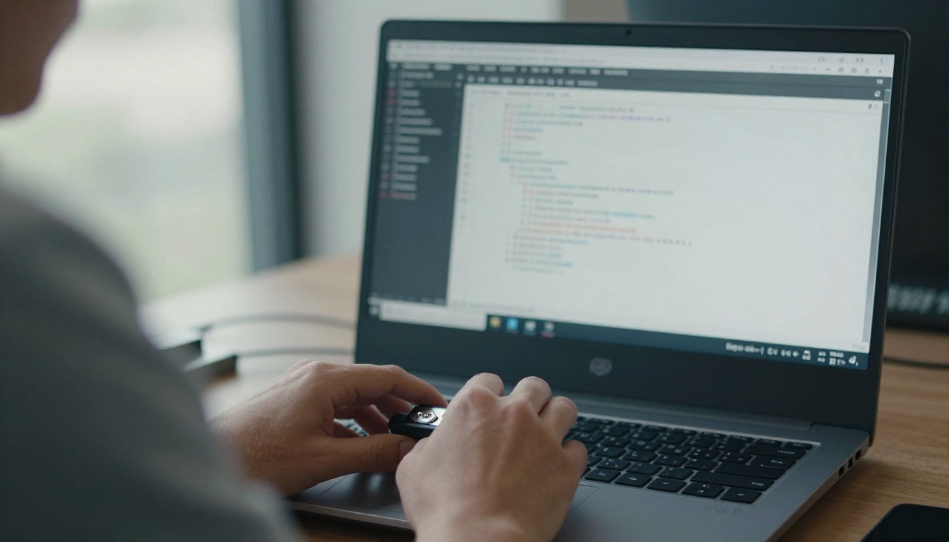 Hardware security token plugged into a laptop by a security engineer