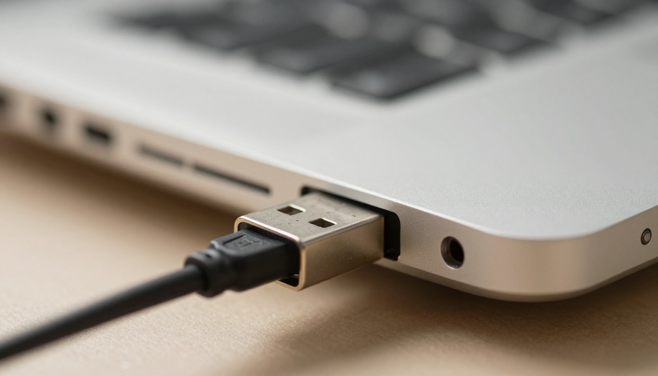 Macro photo of a USB-C cable plugged into a brushed aluminum laptop, a picture of a direct local connection
