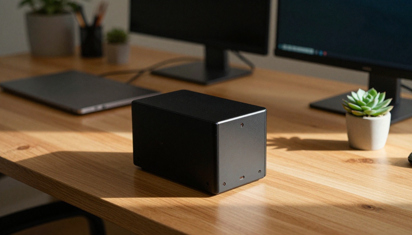 Low-angle view of a compact mini PC on a wooden desk next to a laptop and monitor