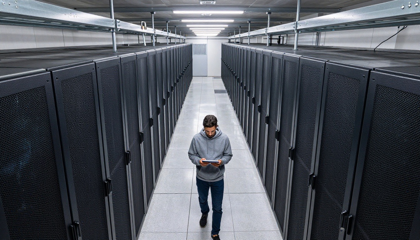 Aerial view down a long aisle of server racks in a data center