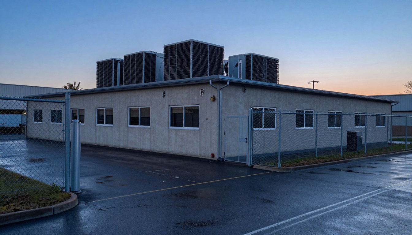 Exterior of a data center building at dusk with rooftop cooling units and a perimeter fence