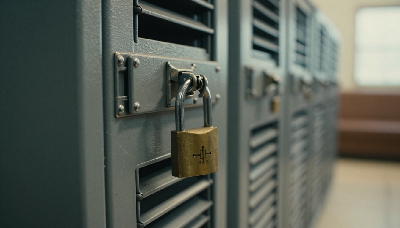 Close-up of a brass padlock hanging from a steel server cabinet door