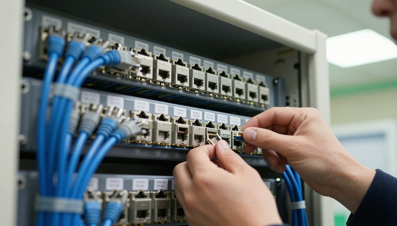 Network patch panel with neatly bundled ethernet cables in a wiring closet