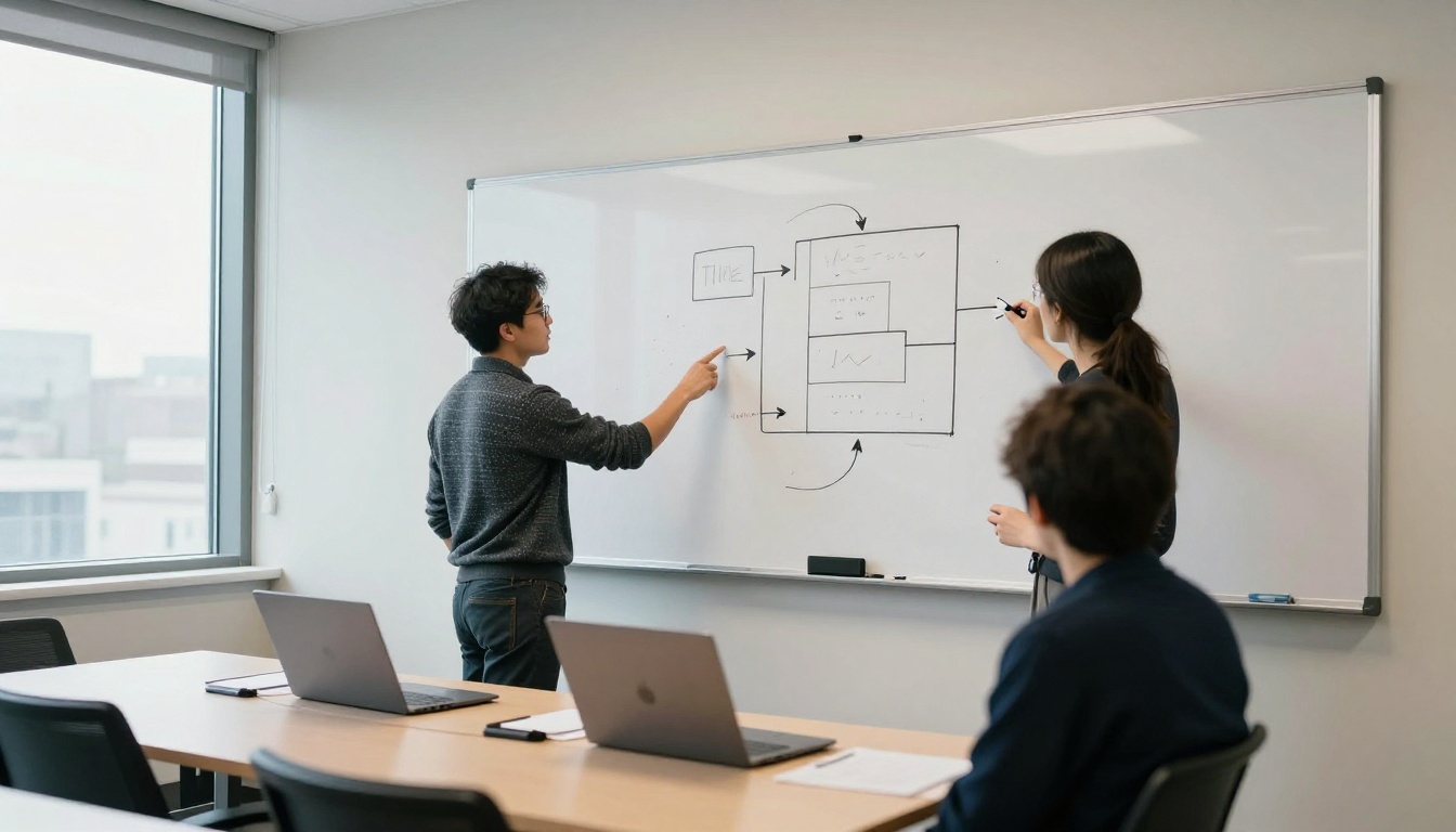 Two colleagues at a whiteboard sketching a system diagram in a bright meeting room