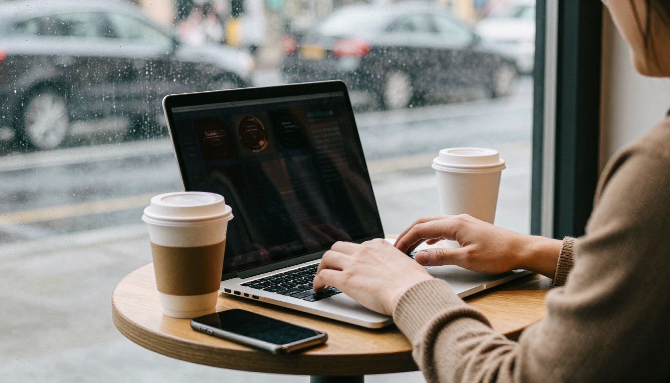 Over-the-shoulder view of a developer typing on a laptop at a cafe table by a rainy window