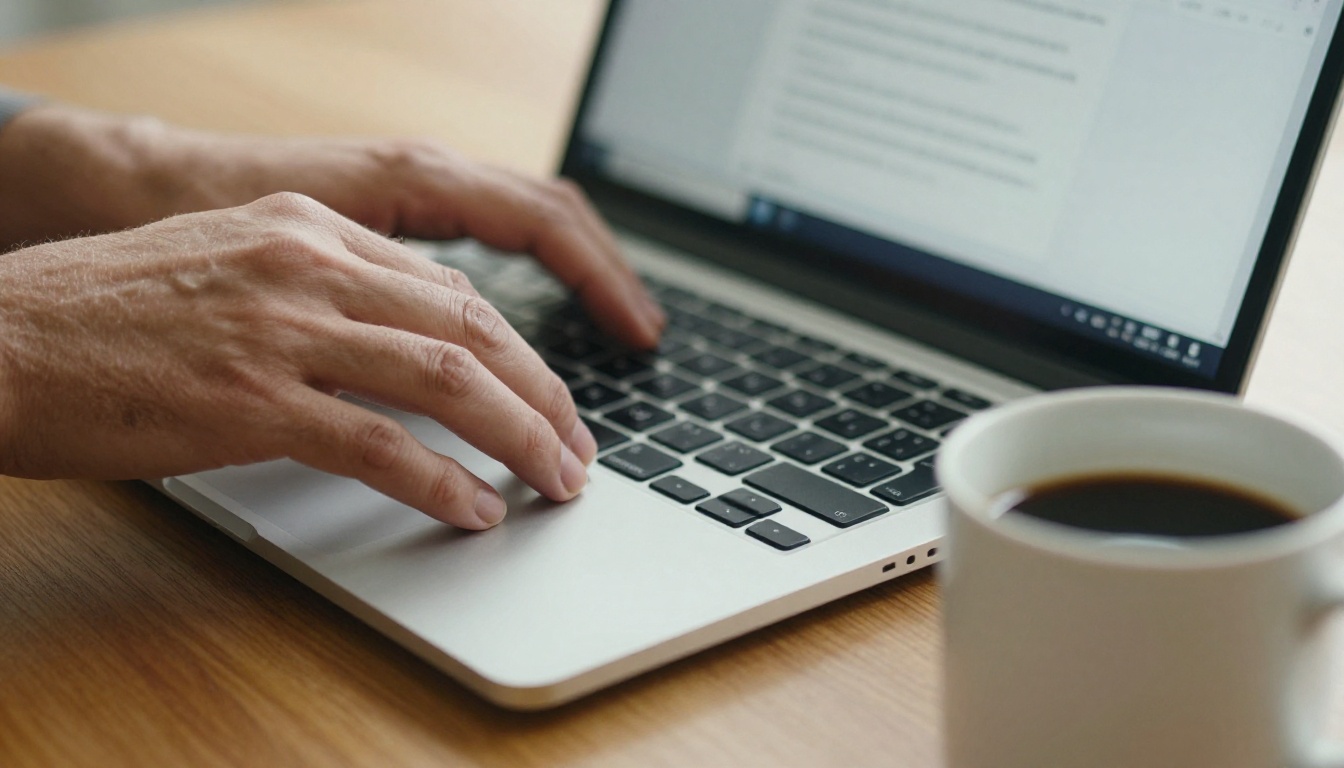 Hands pasting a link into a browser on a silver laptop beside a mug of coffee